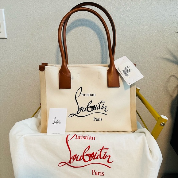AUTHENTIC Christian Louboutin Small Nastroloubi Canvas Cream and Brown Tote Bag - Picture 6 of 13